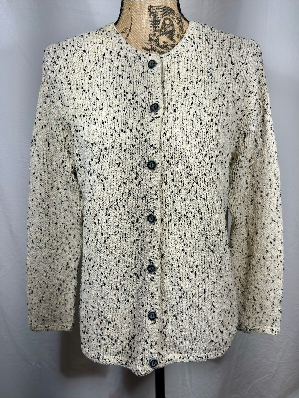 Talbots Silk Cotton Speckled Nubby Knit Cardigan Cream Black Button Front